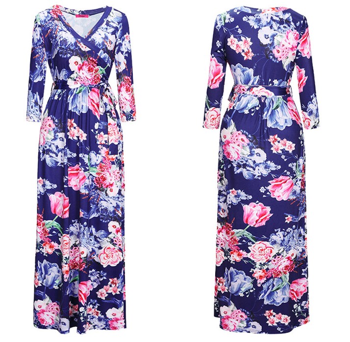 SZ60136-3 Floral Print Long Dress Short Sleeve Empire Flower Maxi Dresses